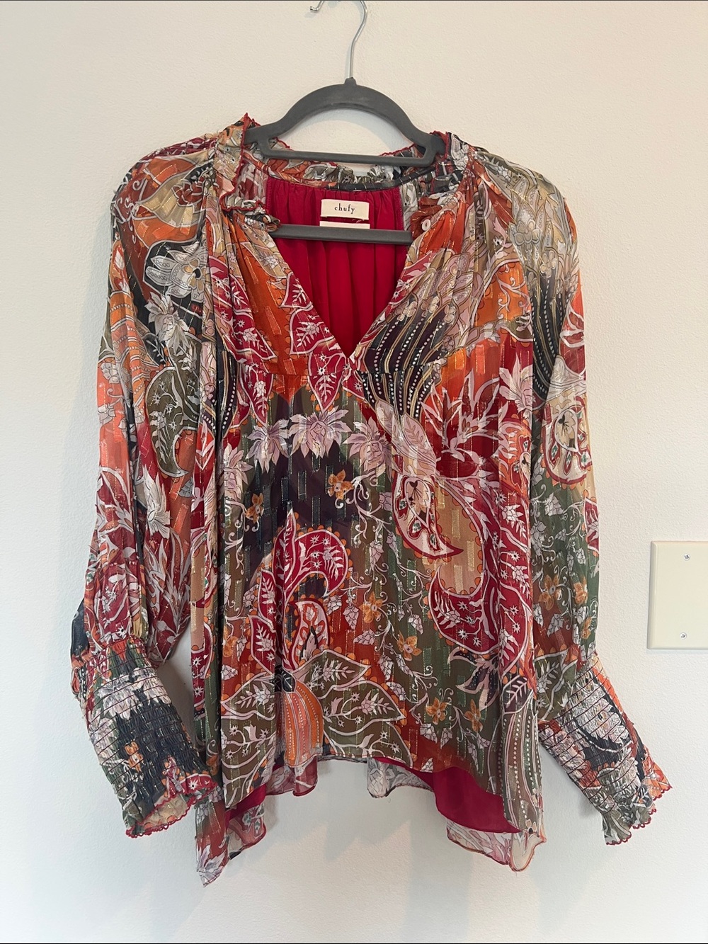Chalfy Red Multi Paisley V-Neck Blouse